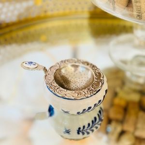 Delft Blue White Painted Porcelain Tea Strainer Drip Bowl Set Collectible Gift